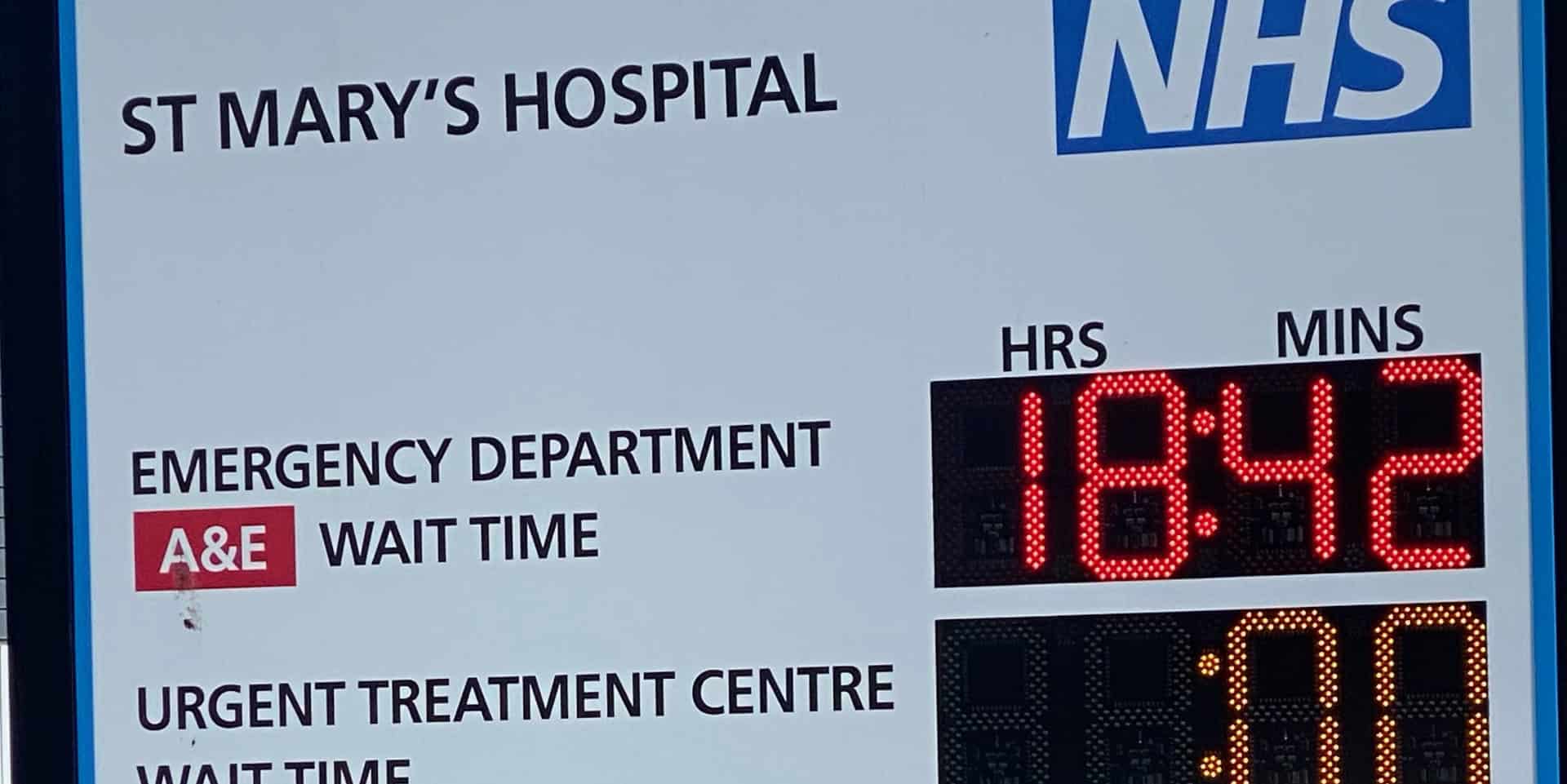 a&e waiting time board from weekend - showing 19 hour wait