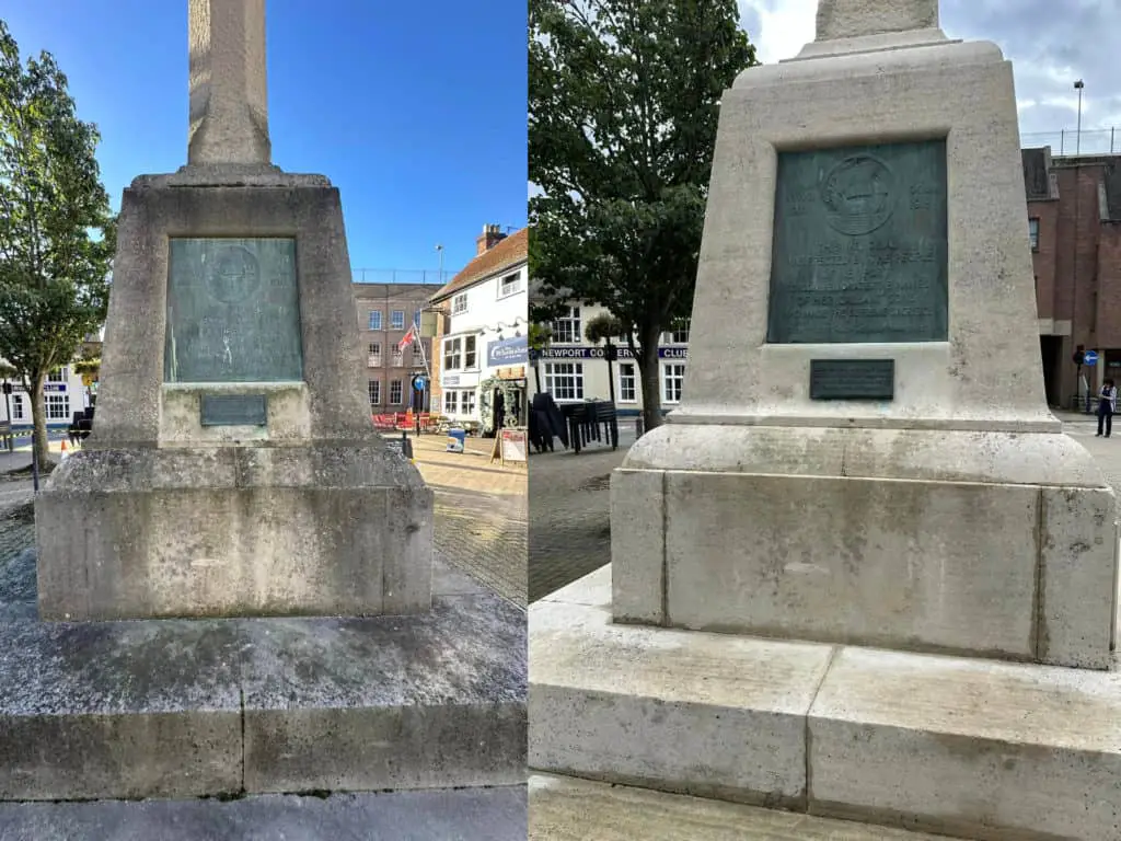 before and after the monument has been cleaned