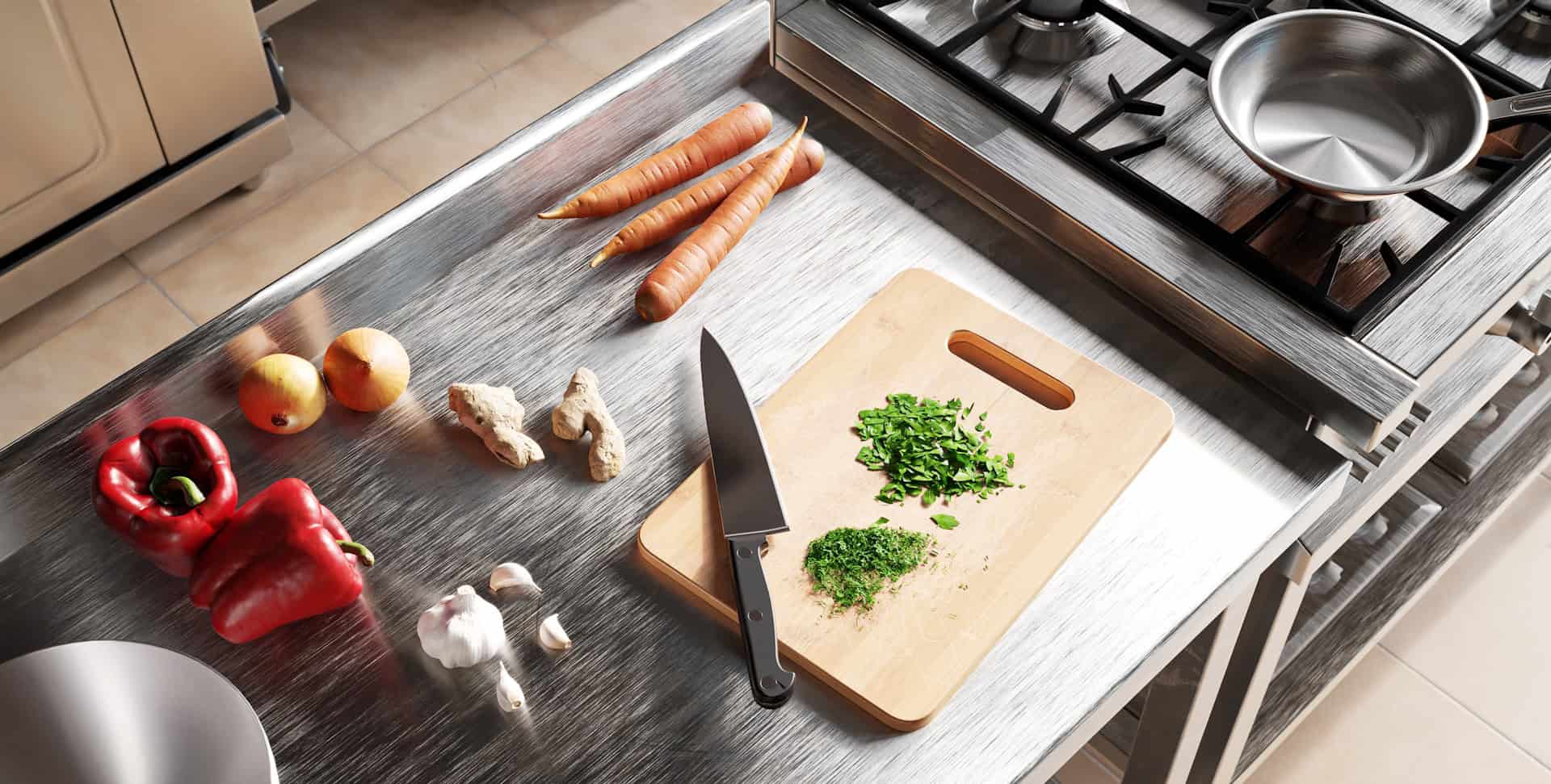 kitchen scene showing vegetables and hob