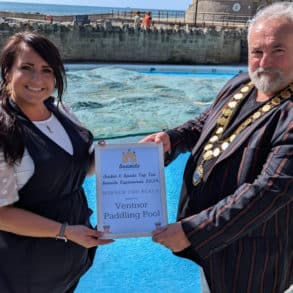 Lucy Best (co-owner of Besty and Spinkys the cafebar overlooking the paddling pool) and Cllr Steve Cooper Mayor of Ventnor