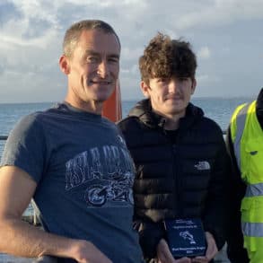 Award-winning angler Jay Smith with Colin Webb (left) and Martin Gulliver, Wightlink’s Island Ports Manager