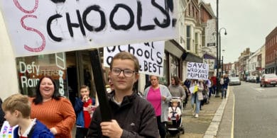 School closure protest in Newport - October 2024 - showing protestors marching to County Hall