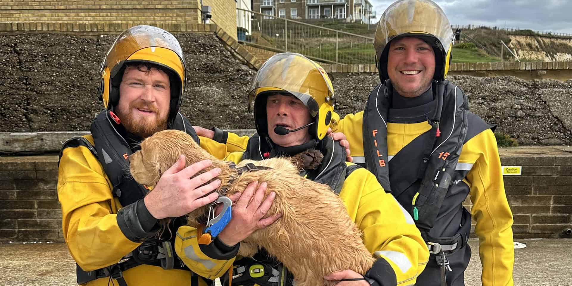 Freshwater lifeboat crew with the Ted the dog after the rescue