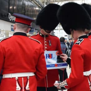 Grenadier Guards collecting at Waterloo on London Poppy Day