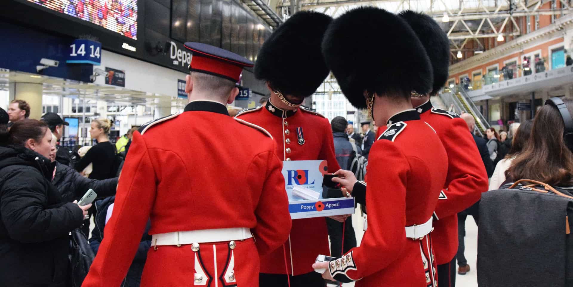 Grenadier Guards collecting at Waterloo on London Poppy Day