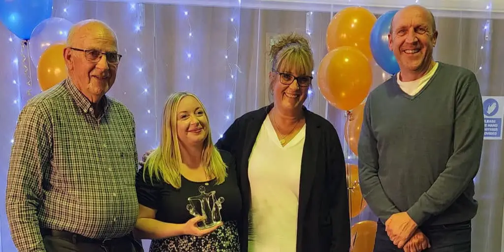 Laura Groves Award winner, Jade Harrison, from Wootton Primary School, with headteacher Jane Wilford presented by Steve Groves and Peter Groves.