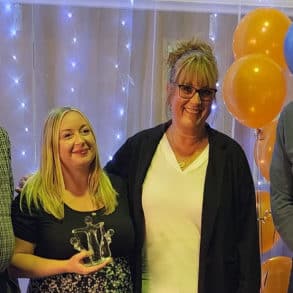 Laura Groves Award winner, Jade Harrison, from Wootton Primary School, with headteacher Jane Wilford presented by Steve Groves and Peter Groves.