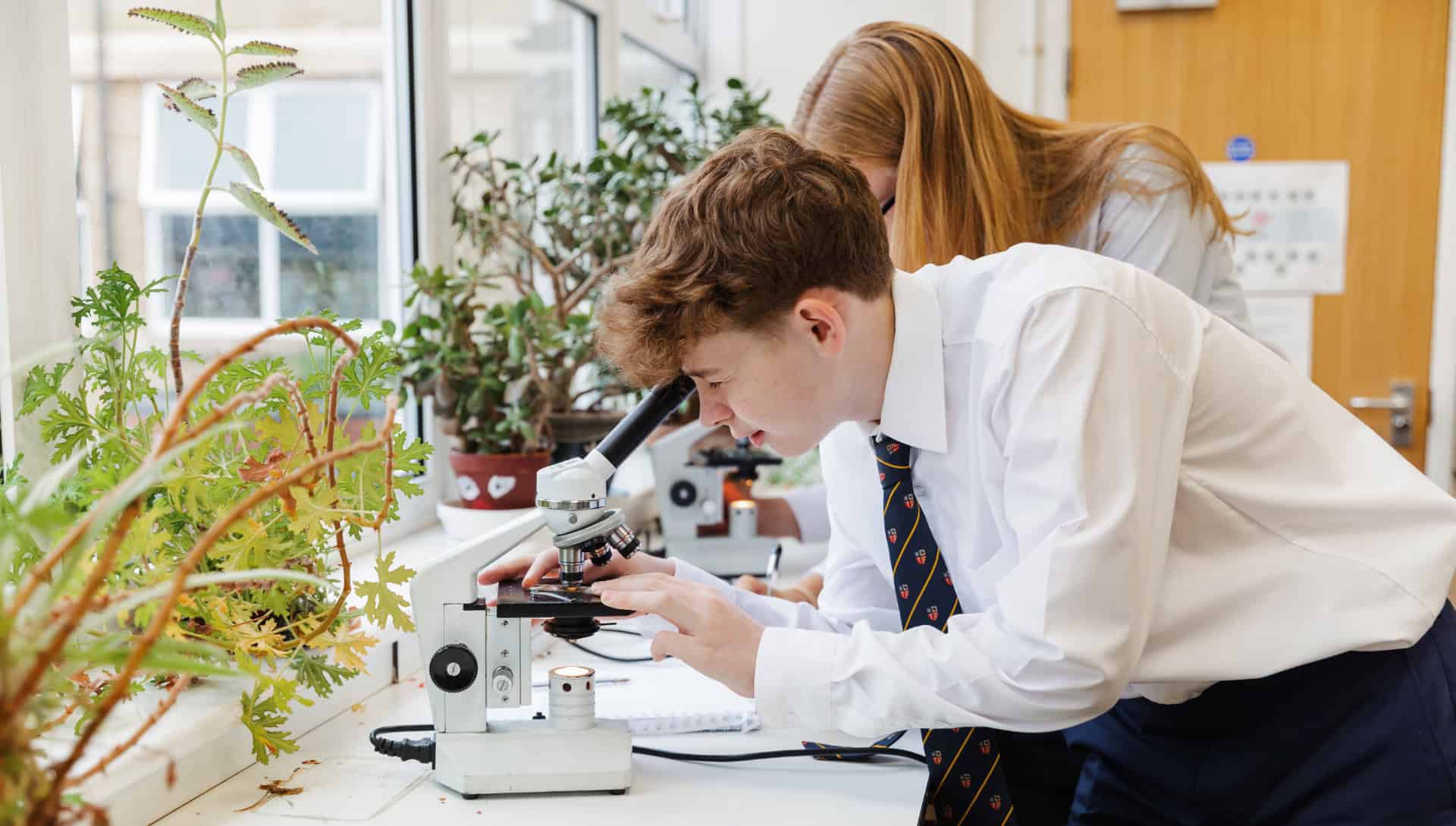 Ryde School With Upper Chine pupils looking through a microscope