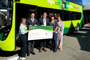 Southern Vectis’ Nikki Honer and Daved Forrester with Mountbatten CEO Nigel Hartley, community nursing team lead Gemma Robertson and Southern Vectis’ Zoe Stroud