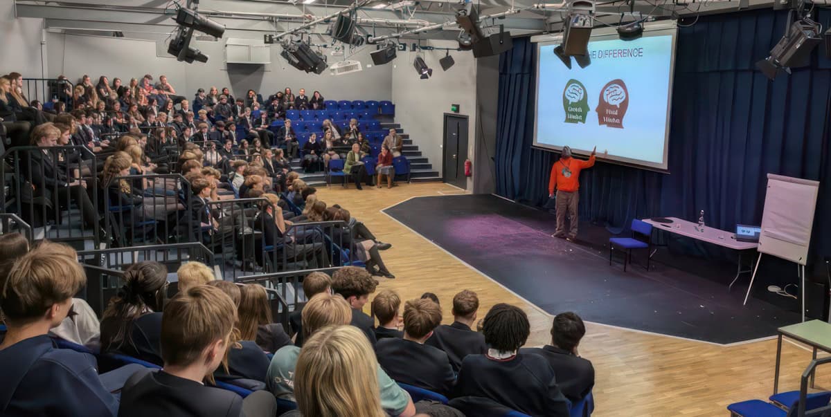 Stuart Lawrence addressing year 10 to upper 6th pupils