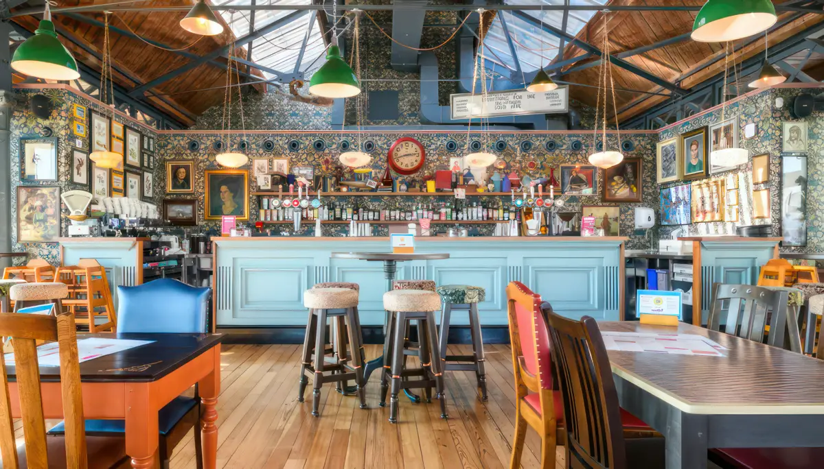 Inside a bright and colourful loungers bar