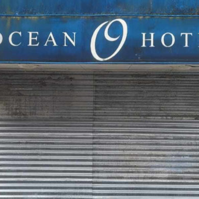 ocean hotel secured with steel shutters