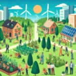 An illustration of a scene showing wind turbines in the distance, solar panels on houses, people working in allotments and no cars on the roads
