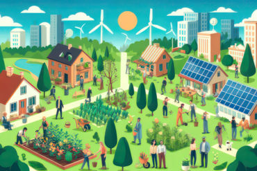 An illustration of a scene showing wind turbines in the distance, solar panels on houses, people working in allotments and no cars on the roads