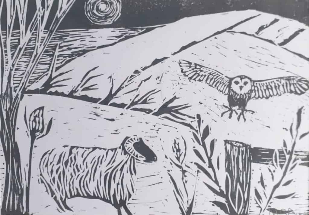 Linocut of sheep in a field of snow