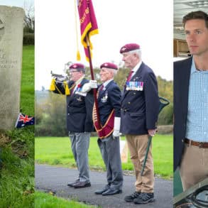 Montage of gravestone, three veterans and Sam with Wightlink cap