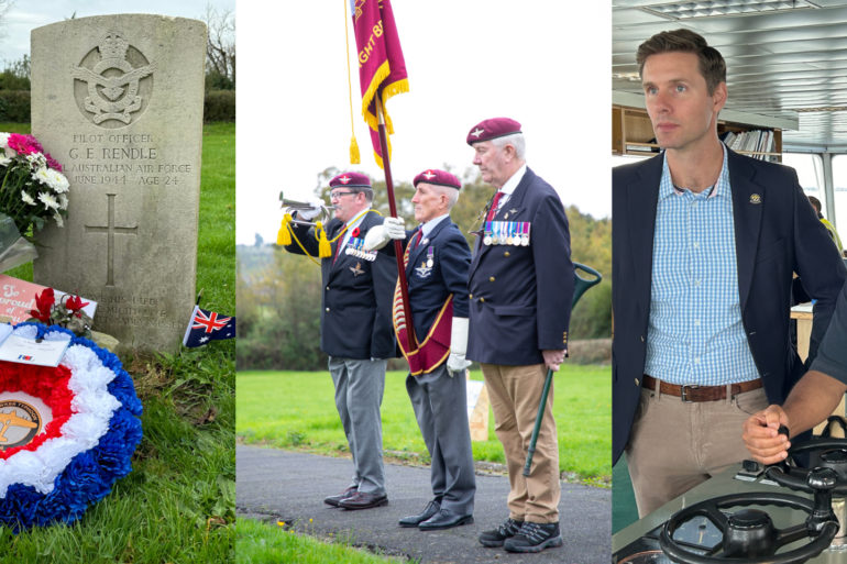 Montage of gravestone, three veterans and Sam with Wightlink cap