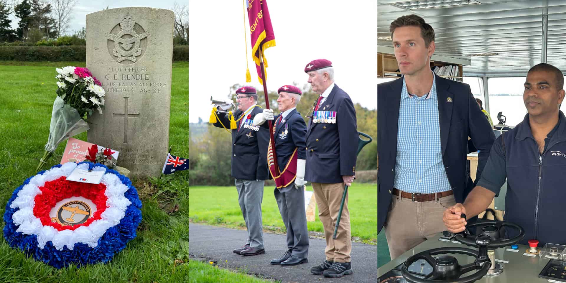 Montage of gravestone, three veterans and Sam with Wightlink cap