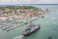 Aerial shot of Red Funnel ferry leaving Cowes