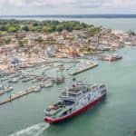 Aerial shot of Red Funnel ferry leaving Cowes