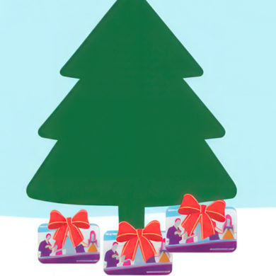 Illustration of a christmas tree with library cards underneath it