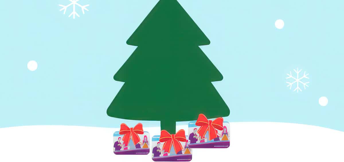 Illustration of a christmas tree with library cards underneath it