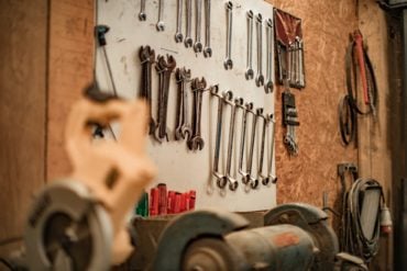 mechanics tools hanging on wall