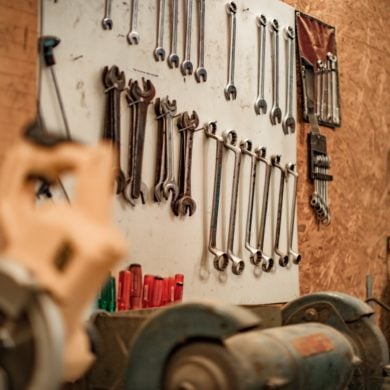 mechanics tools hanging on wall