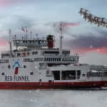 Red Funnel Ferry on the Solent, with snow in the air and Father Christmas with sleigh and reindeer flying past