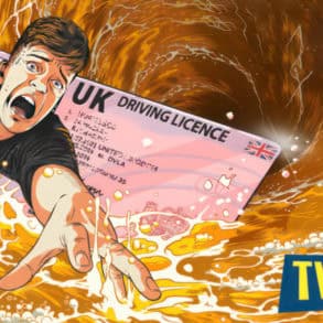 DfT THINK campaign illustration showing person and driving licence being washed away with lager