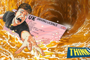 DfT THINK campaign illustration showing person and driving licence being washed away with lager