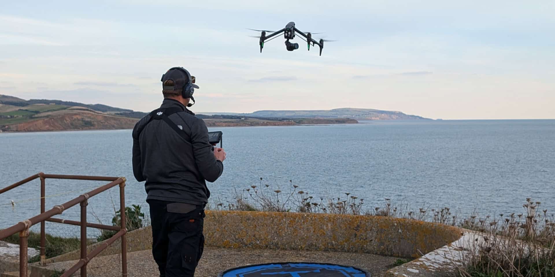 Drone operator shooting the new sky mobile tv advert on the Military Road