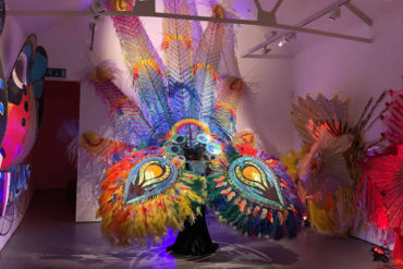 Ad Astra exhibition at Quay Arts showing carnival costumes that are related to birds and flight