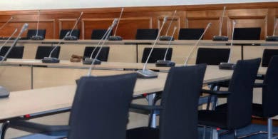 Council chamber desks and microphones