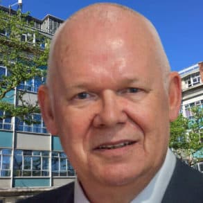 County Hall in the background with composite image of Geoff Brodie on top