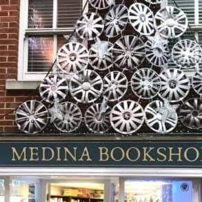 medina bookshop hubcap tree