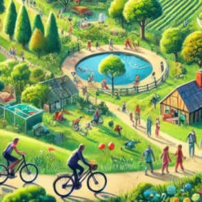 Illustration of green landscape with solar panels, wind turbines and people cycling rather than driving cars