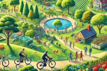 Illustration of green landscape with solar panels, wind turbines and people cycling rather than driving cars