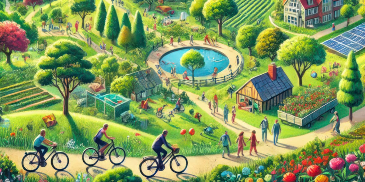 Illustration of green landscape with solar panels, wind turbines and people cycling rather than driving cars