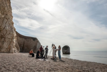 Toyah and the film crew on Freshwater beach filming for Weightless