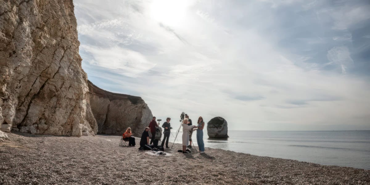 Toyah and the film crew on Freshwater beach filming for Weightless