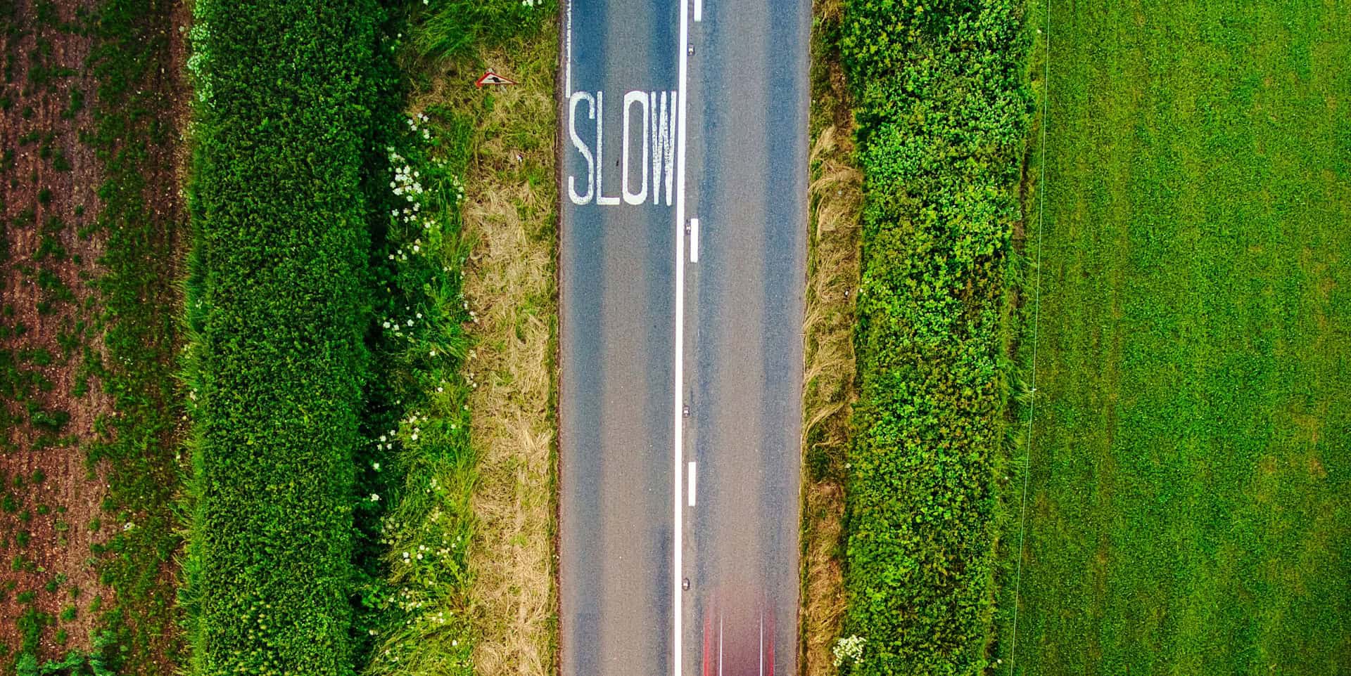 aerial view of road and green fields by red zeppelin