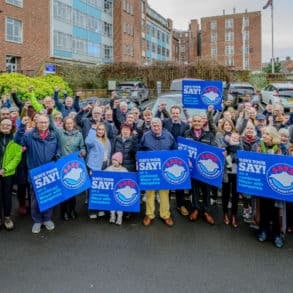 People demonstrating outside county hall