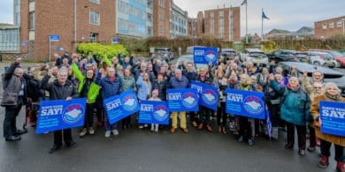 People demonstrating outside county hall