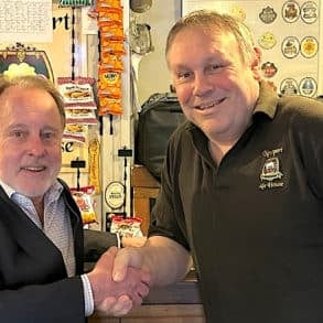 Tim Marshall, Editor of Wightwash congratulating Rod Kellaway at the Newport Ale House