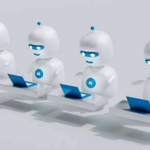 a line of AI robots using laptop computers by mohamed nohassi