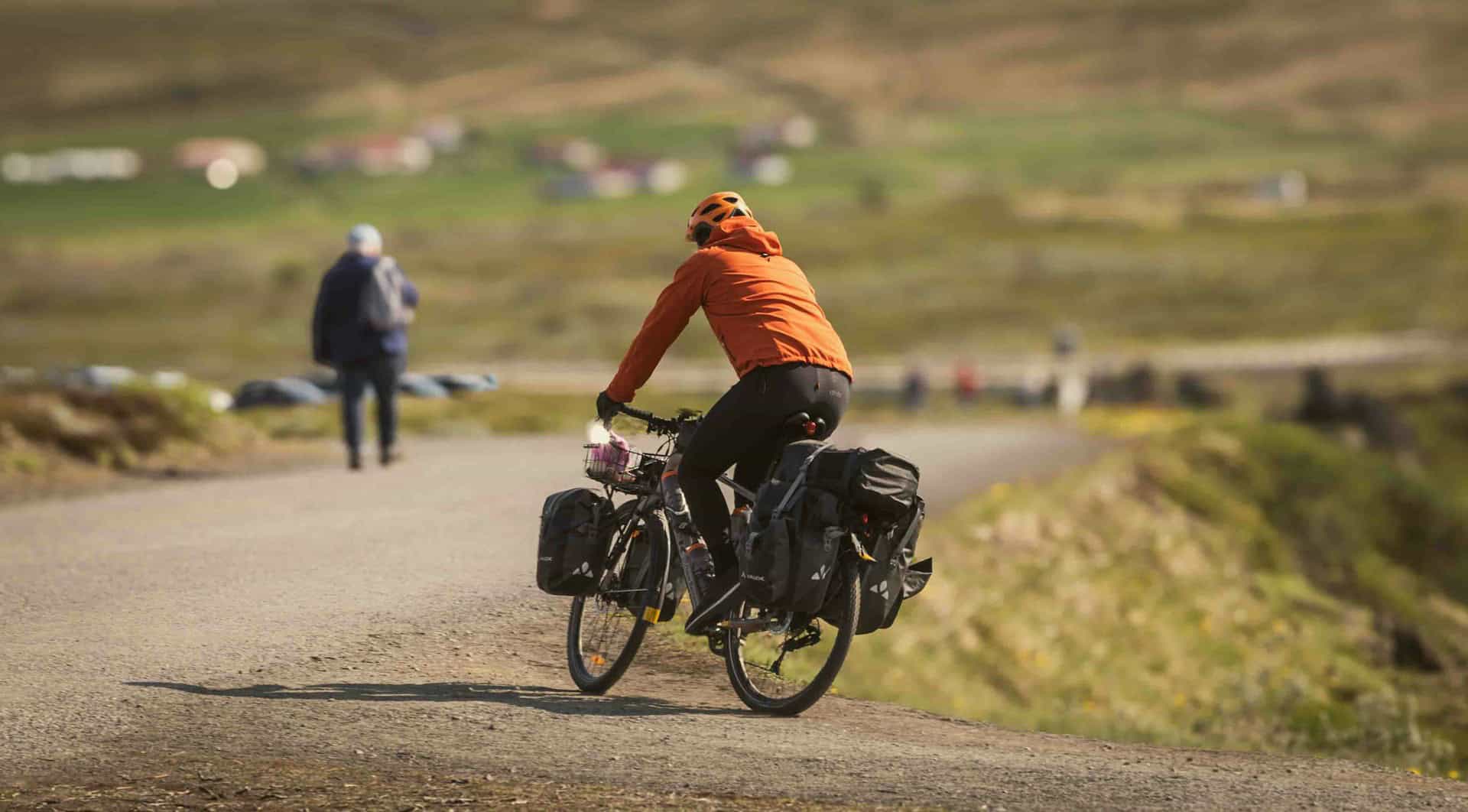 person on bicycle with shopping in side bags