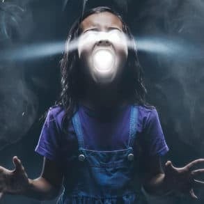 Illustration of girl with light scary shining from her eyes and mouth