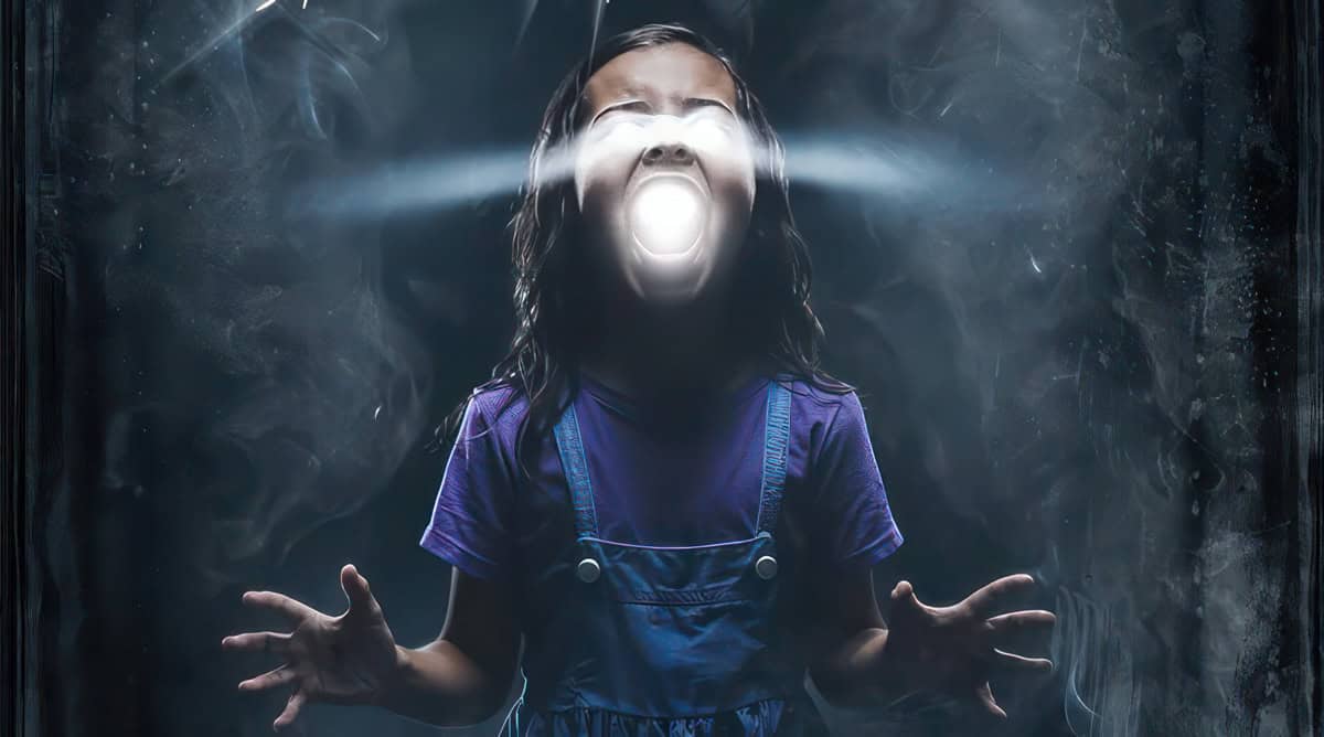 Illustration of girl with light scary shining from her eyes and mouth