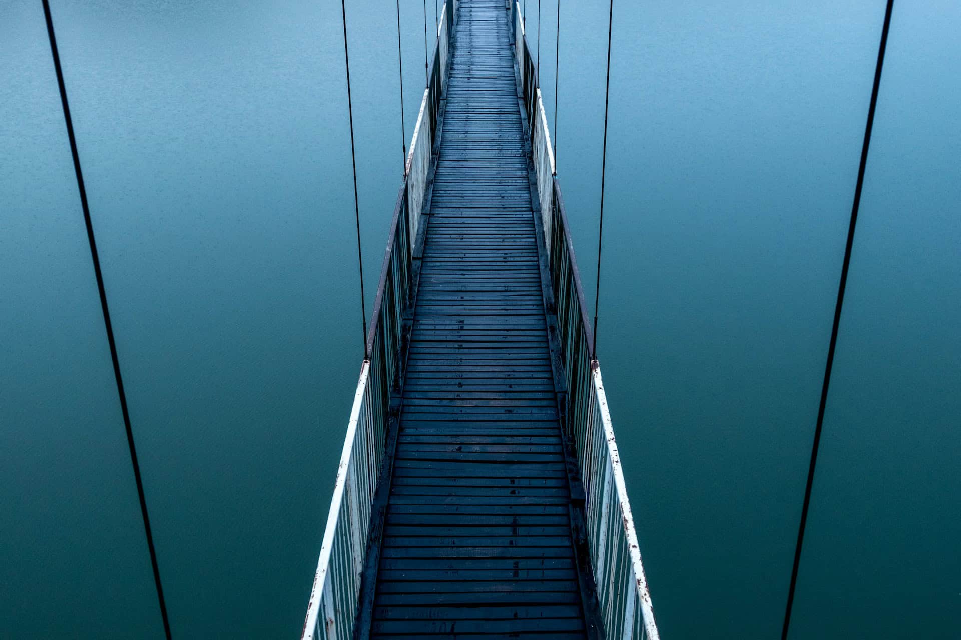 wooden bridge over blue lake